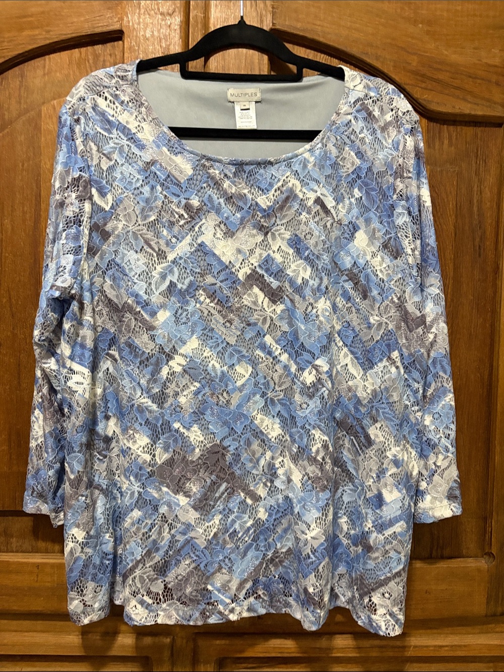 Multiples Blue and White Lace-Print Long Sleeve Top